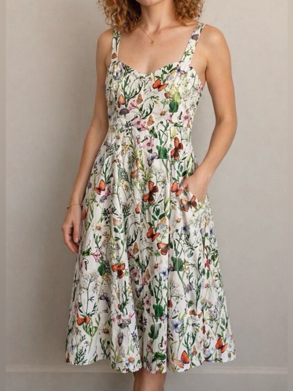 AVEC LES FILLES White Butterfly Floral Cotton Blend A-Line Midi Dress 10 NWT